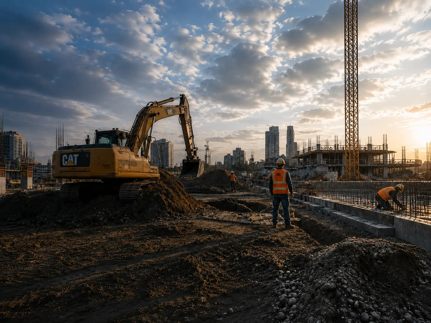 Excavator and crews working on earthworks and underground servicing at an active construction site